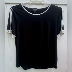 B Stitch Collection Black Cold Shoulder Blouse With White Trim.  Size Large. EUC